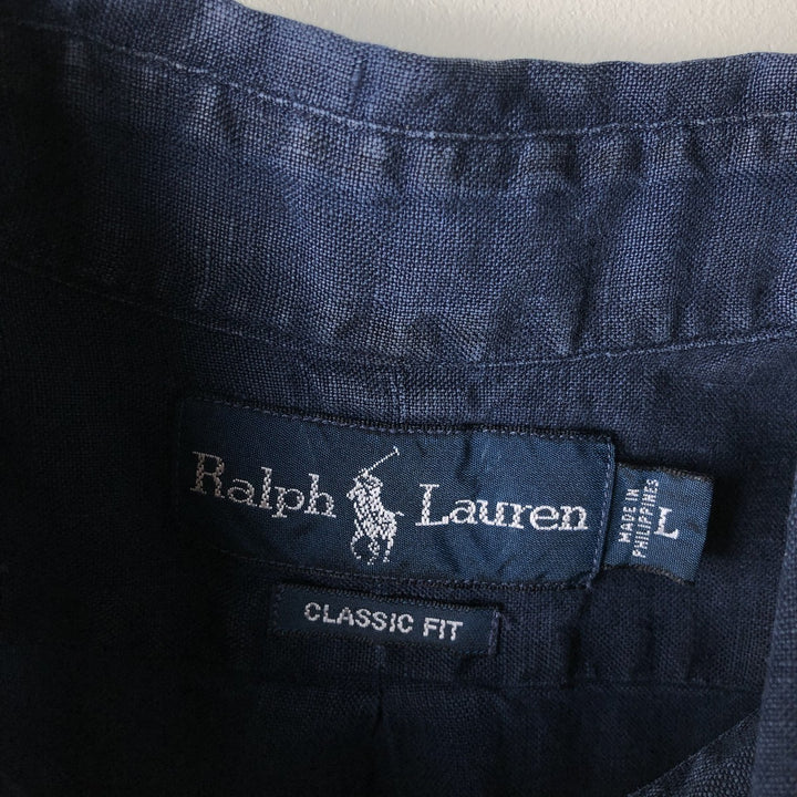 Ralph Lauren Classic Fit Long Sleeve Linen Button-Down Shirt, Men's Size Medium linen navy blue type Vintage Second Hand