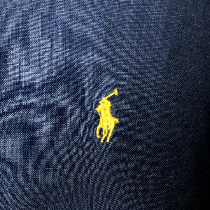 Ralph Lauren Classic Fit Long Sleeve Linen Button-Down Shirt, Men's Size Medium linen navy blue type Vintage Second Hand