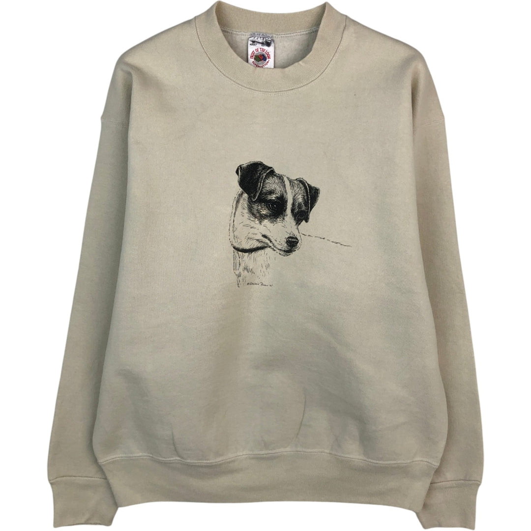 Vintage 90'S Fruit of the Loom Super Cotton Dog Print Animal Sweatshirt, Made in USA, Men's Size Medium cotton Beige type Vintage Second Hand