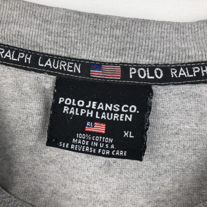 Ralph Lauren POLO JEANS COMPANY American flag print short-sleeved T-shirt, made in the USA, men's size XL equivalent. cotton gray type Vintage Second Hand