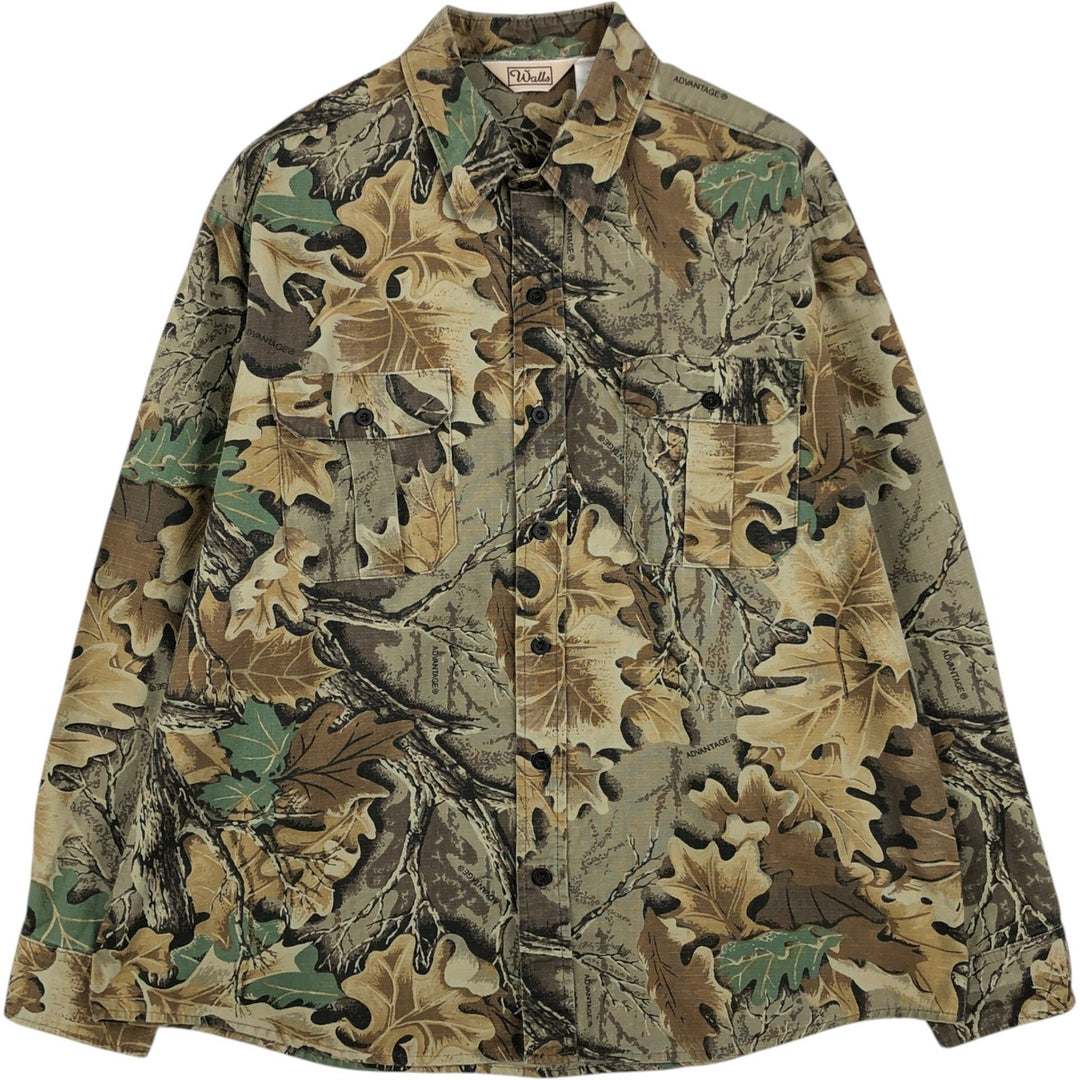 Walls Camouflage Pattern Real Tree Camo Long Sleeve Cotton Shirt, Made in USA, Men's XL (approx.) cotton Khaki type Vintage Second Hand