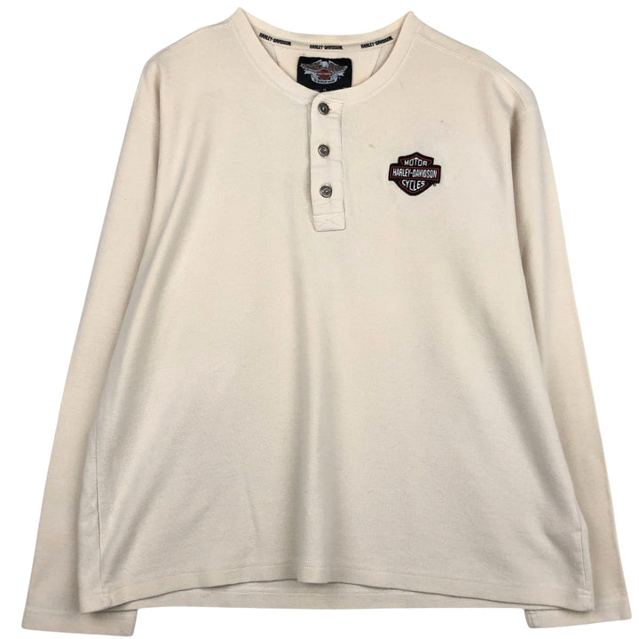 Harley-Davidson Henley Neck Thermal Long T-Shirt Waffle Men's XL cotton ivory Vintage Second Hand