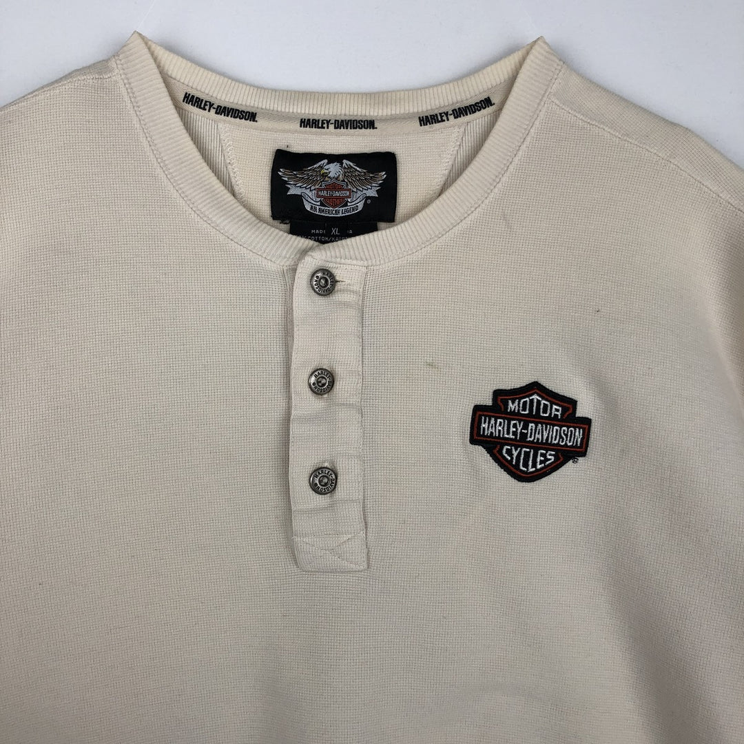 Harley-Davidson Henley Neck Thermal Long T-Shirt Waffle Men's XL cotton ivory Vintage Second Hand