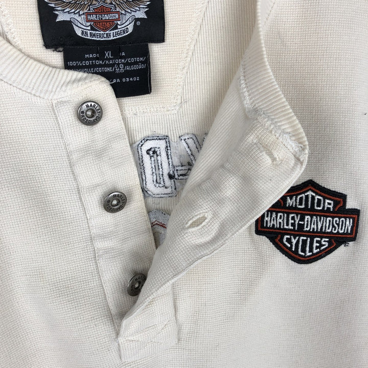 Harley-Davidson Henley Neck Thermal Long T-Shirt Waffle Men's XL cotton ivory Vintage Second Hand