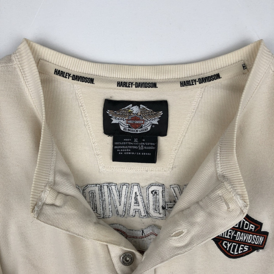 Harley-Davidson Henley Neck Thermal Long T-Shirt Waffle Men's XL cotton ivory Vintage Second Hand
