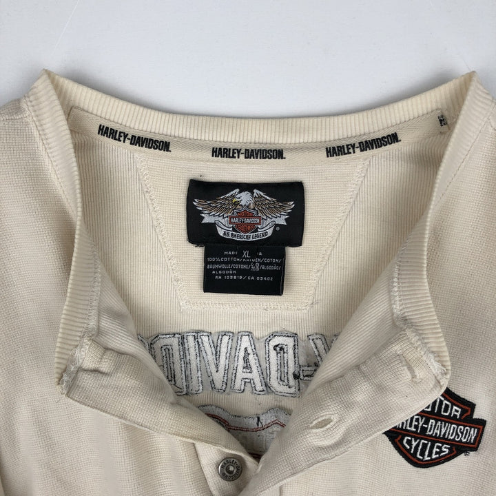 Harley-Davidson Henley Neck Thermal Long T-Shirt Waffle Men's XL cotton ivory Vintage Second Hand