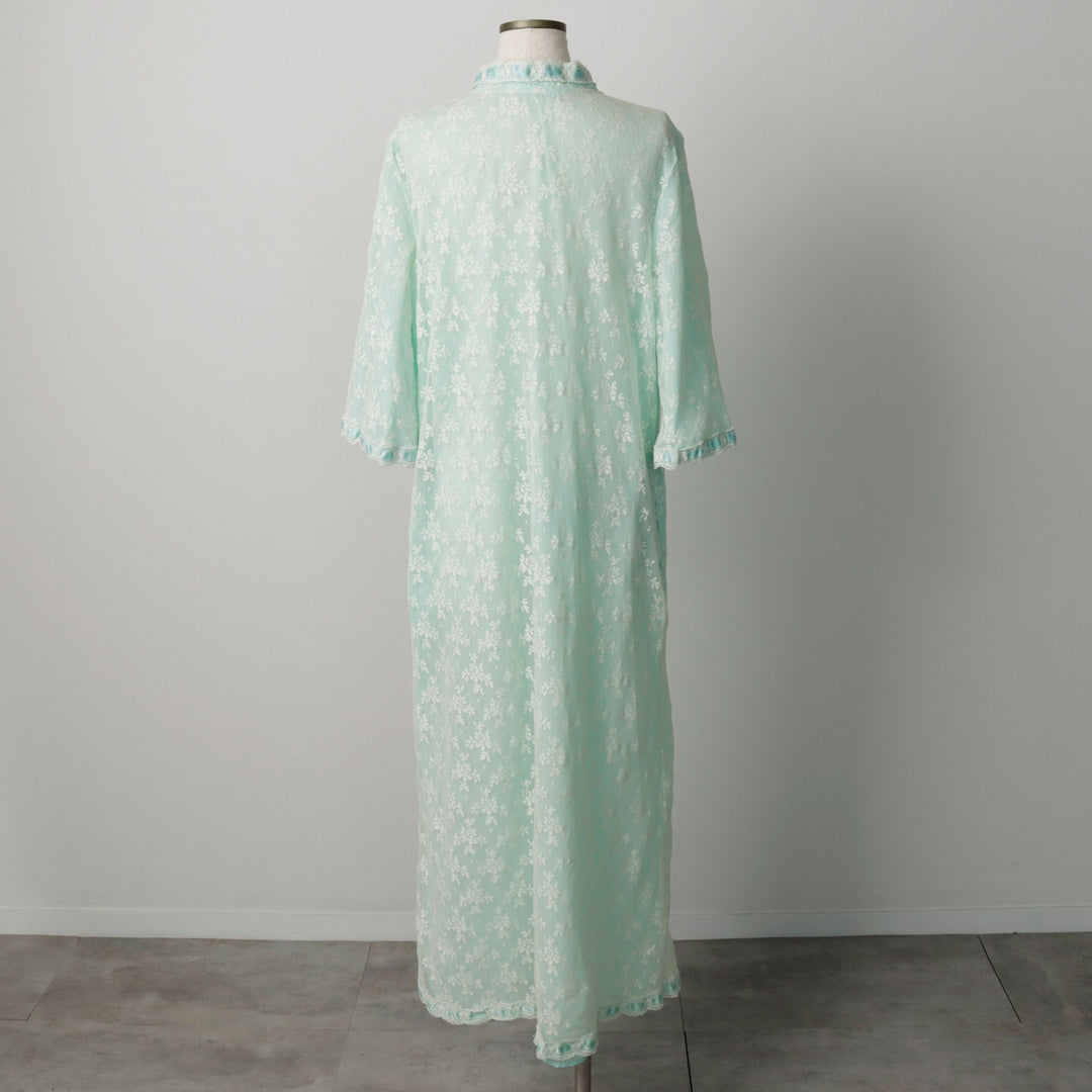 BONWIT TELLER Boutigue 3/4 Sleeve All-Over Lace Mao Collar Maxi Lingerie Dress (Women's Size L) Nylon Blue type light blue Vintage Second Hand