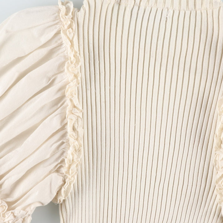 En Saison Puff Sleeve Rib Knit Long Sleeve Shirt (Women's Size S) Viscose ivory Vintage Second Hand