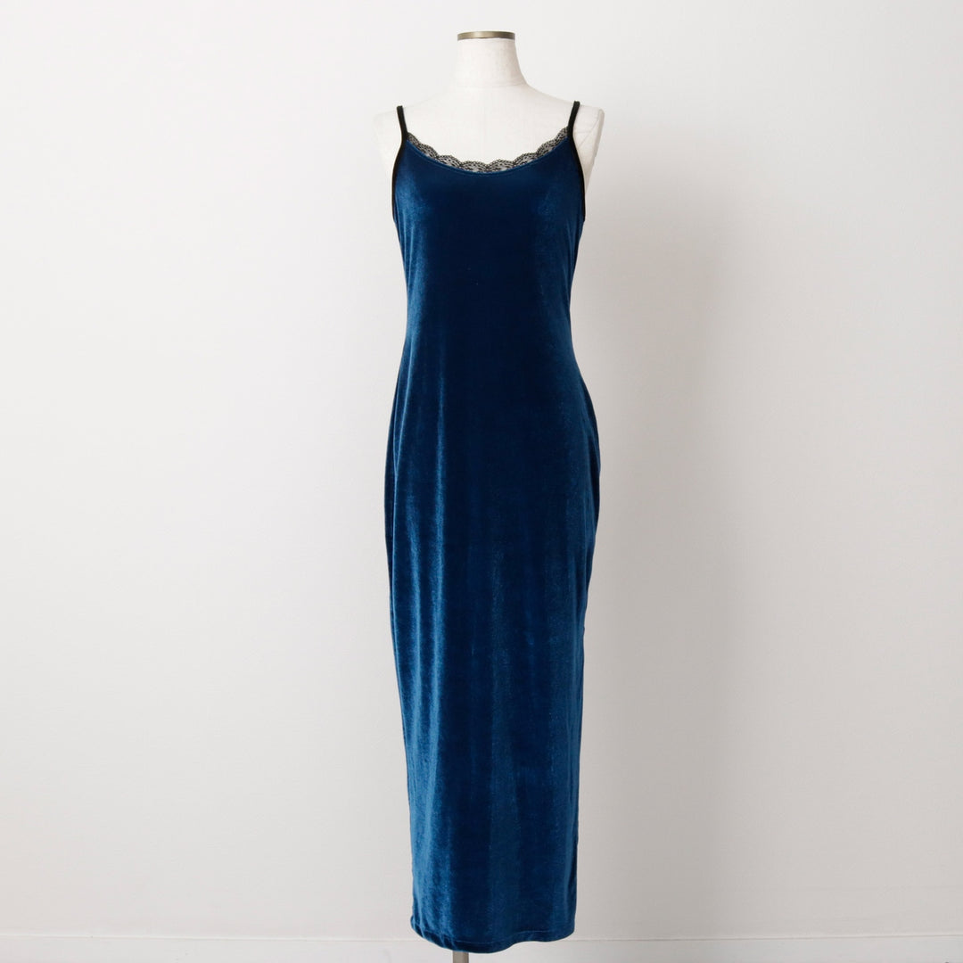 Velour long camisole dress, women's size M equivalent. unclear blue type Vintage Second Hand
