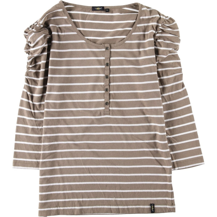 TARA Border Pattern Half-Button 3/4 Sleeve Long T-Shirt (Women's XL equivalent) unclear beige type brown Vintage Second Hand
