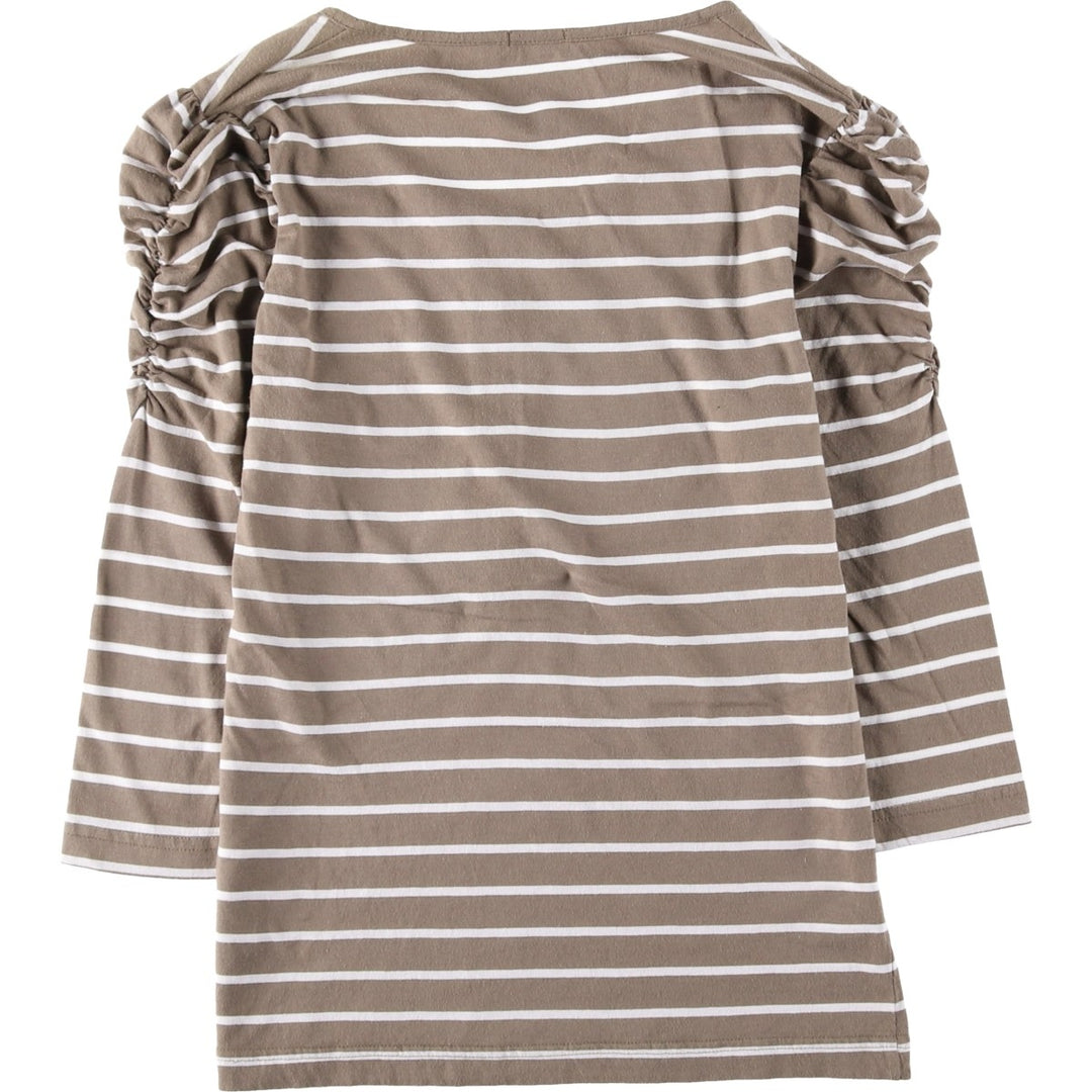TARA Border Pattern Half-Button 3/4 Sleeve Long T-Shirt (Women's XL equivalent) unclear beige type brown Vintage Second Hand