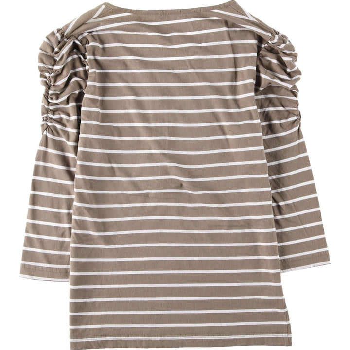 TARA Border Pattern Half-Button 3/4 Sleeve Long T-Shirt (Women's XL equivalent) unclear beige type brown Vintage Second Hand
