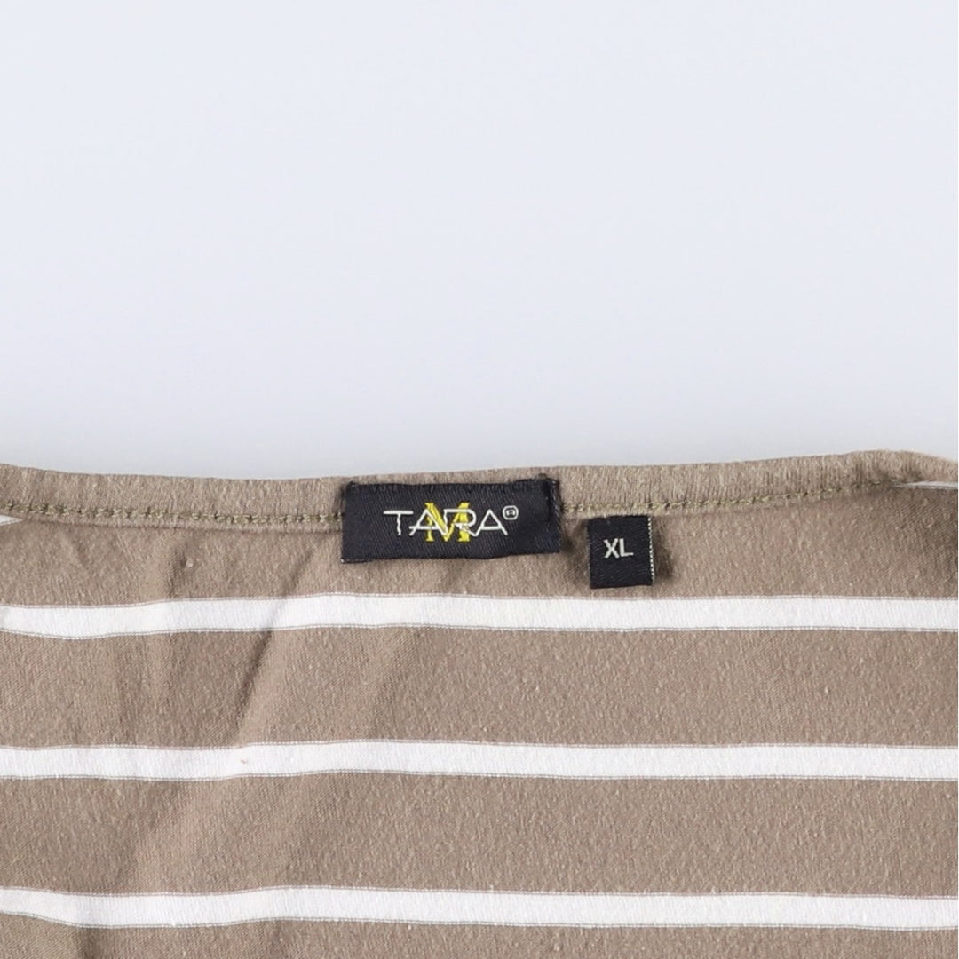 TARA Border Pattern Half-Button 3/4 Sleeve Long T-Shirt (Women's XL equivalent) unclear beige type brown Vintage Second Hand