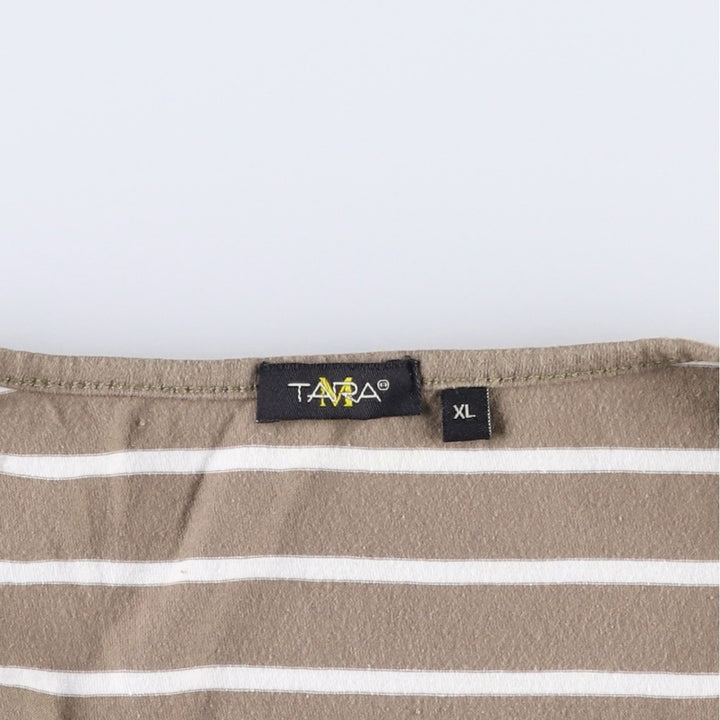 TARA Border Pattern Half-Button 3/4 Sleeve Long T-Shirt (Women's XL equivalent) unclear beige type brown Vintage Second Hand