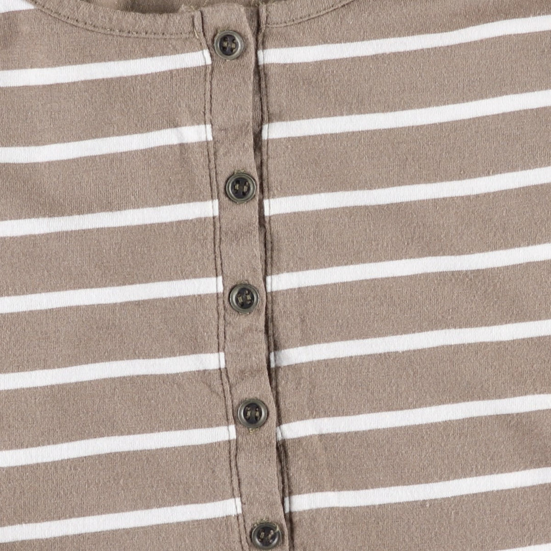 TARA Border Pattern Half-Button 3/4 Sleeve Long T-Shirt (Women's XL equivalent) unclear beige type brown Vintage Second Hand