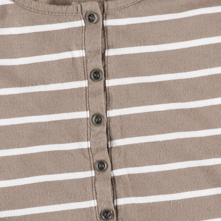 TARA Border Pattern Half-Button 3/4 Sleeve Long T-Shirt (Women's XL equivalent) unclear beige type brown Vintage Second Hand