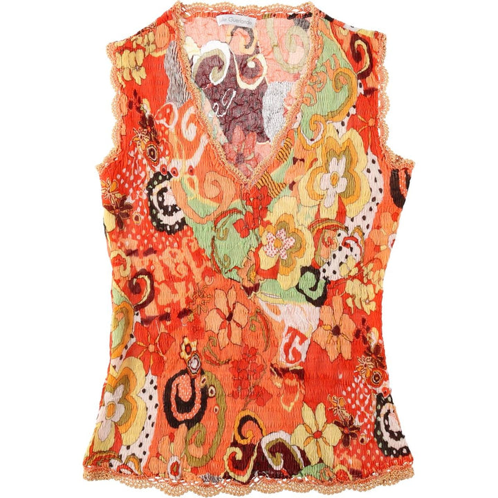 JULIE GUERLANDE All-over print V-neck randomly pleated tank top, women's size L equivalent. polyester orange type Vintage Second Hand