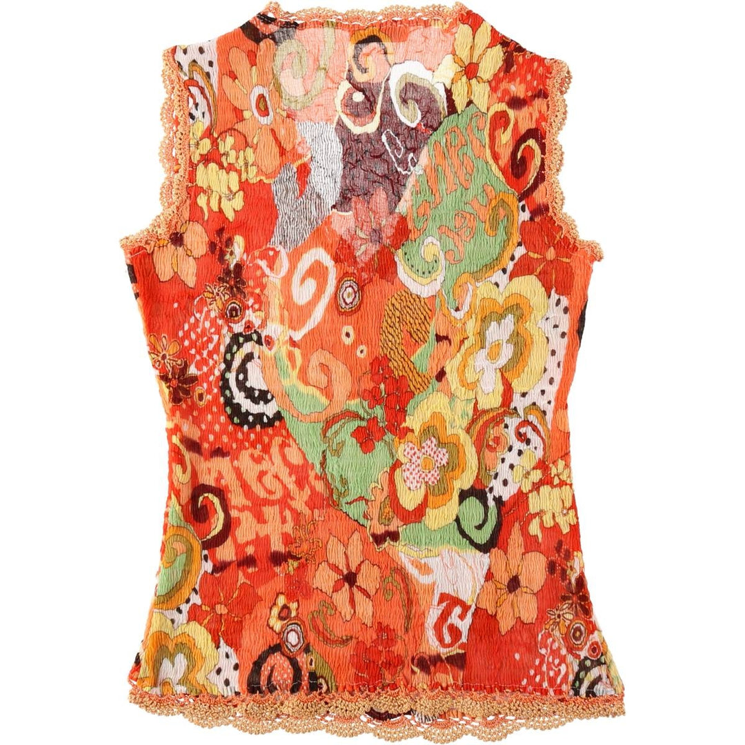JULIE GUERLANDE All-over print V-neck randomly pleated tank top, women's size L equivalent. polyester orange type Vintage Second Hand