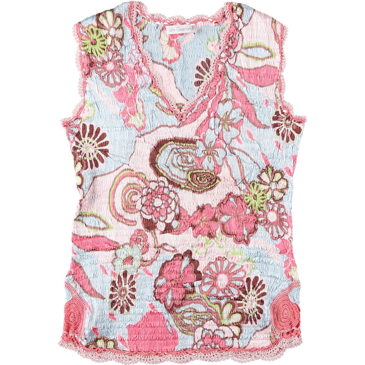 JULIE GUERLANDE All-over print V-neck random pleated tank top, women's size M equivalent. polyester pink type Vintage Second Hand