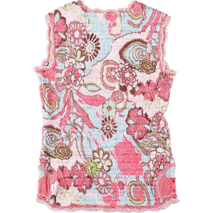 JULIE GUERLANDE All-over print V-neck random pleated tank top, women's size M equivalent. polyester pink type Vintage Second Hand