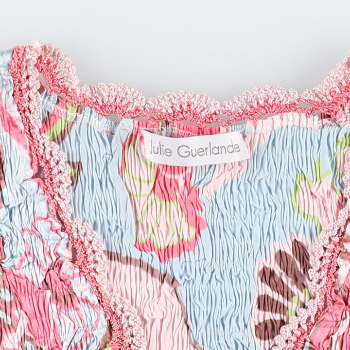 JULIE GUERLANDE All-over print V-neck random pleated tank top, women's size M equivalent. polyester pink type Vintage Second Hand