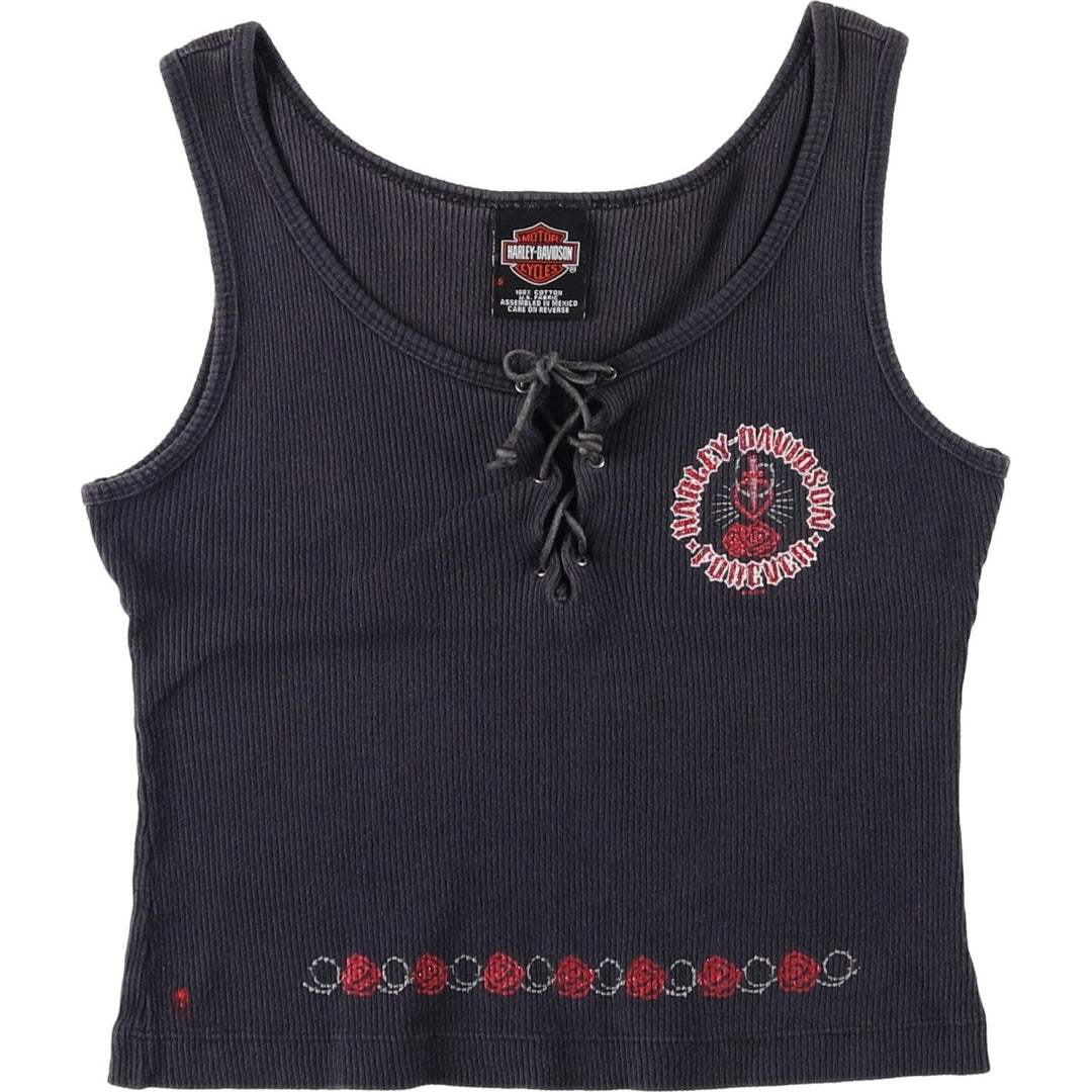 2000'S Harley-Davidson Lace-Up Cropped Motorcycle Tank Top (Women's Size S) cotton black type Vintage Second Hand