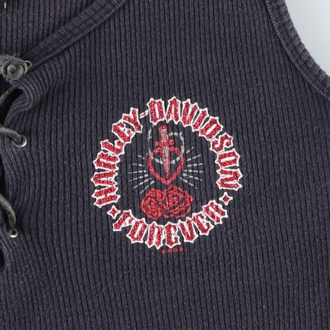 2000'S Harley-Davidson Lace-Up Cropped Motorcycle Tank Top (Women's Size S) cotton black type Vintage Second Hand
