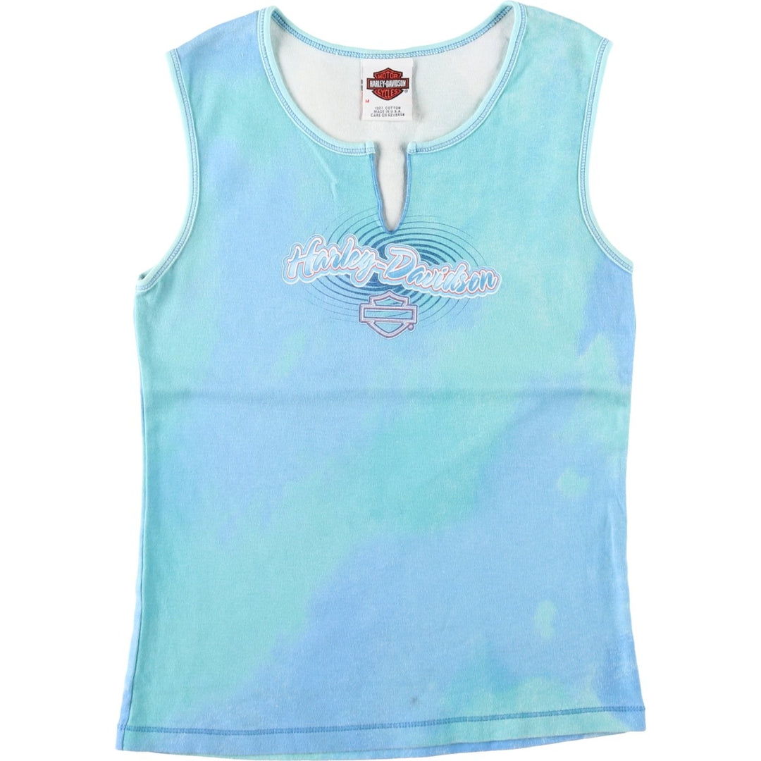 2000'S Harley-Davidson Tie-Dye Pattern Slit Neck Motorcycle Tank Top, Made in USA, Women's Size M (approx.) cotton Blue type light blue Vintage Second Hand