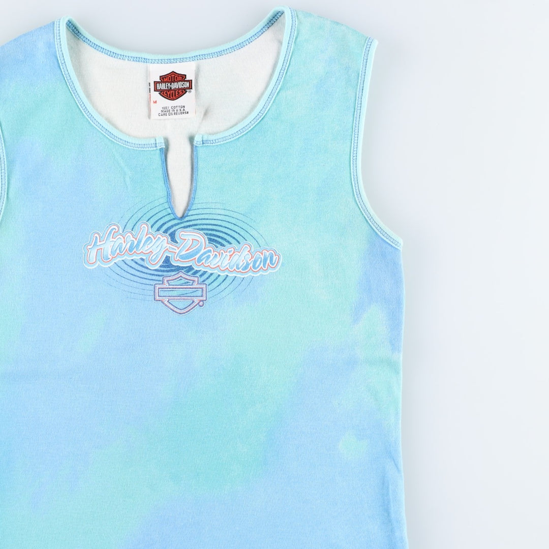 2000'S Harley-Davidson Tie-Dye Pattern Slit Neck Motorcycle Tank Top, Made in USA, Women's Size M (approx.) cotton Blue type light blue Vintage Second Hand