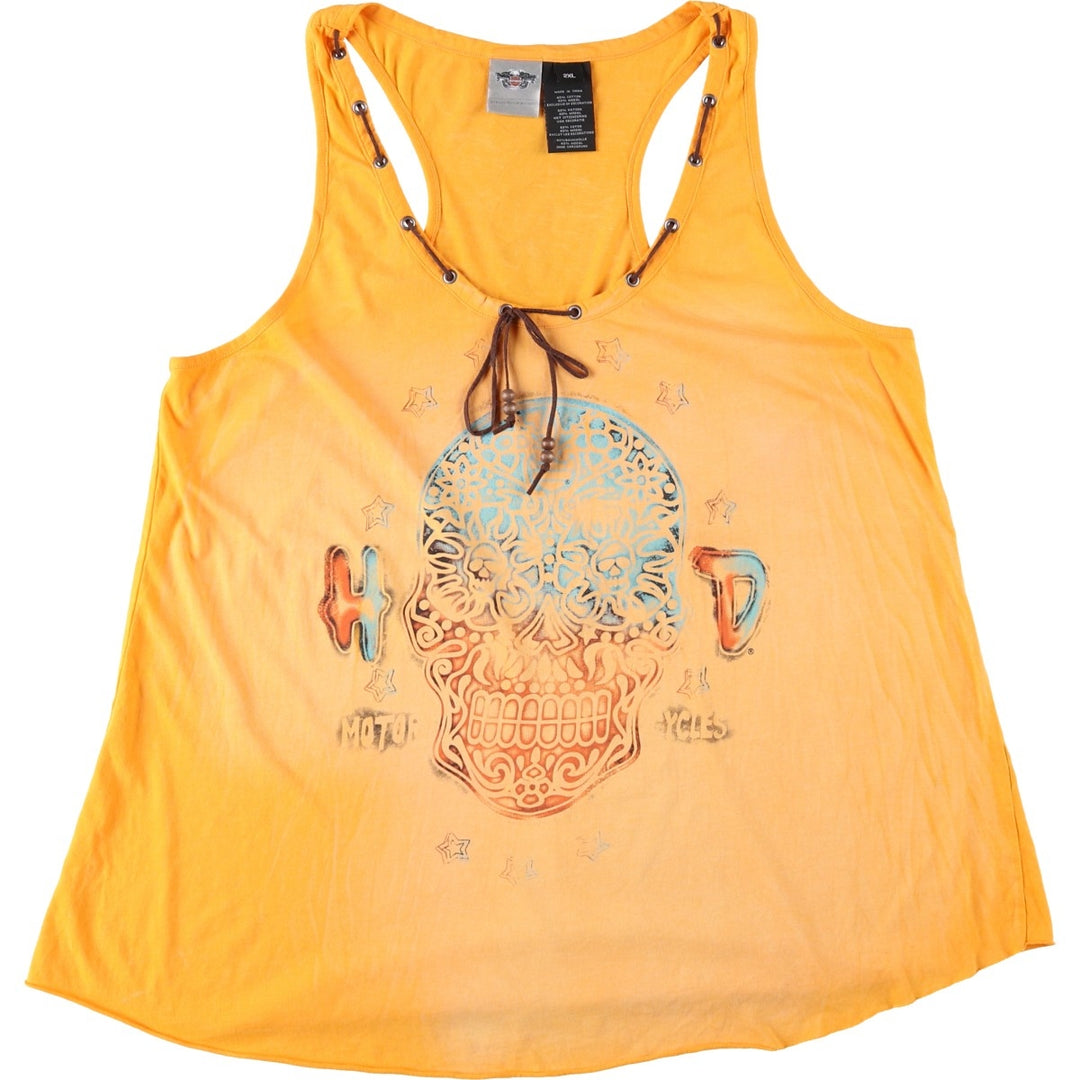 Harley-Davidson Skull Pattern Cut-Off Motorcycle Tank Top (Women's XXL equivalent) cotton yellow type Vintage Second Hand