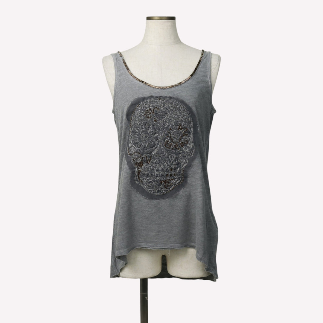 Harley-Davidson Skull Pattern Beaded Embroidery Motorcycle Tank Top (Women's Size S) cotton gray type Vintage Second Hand