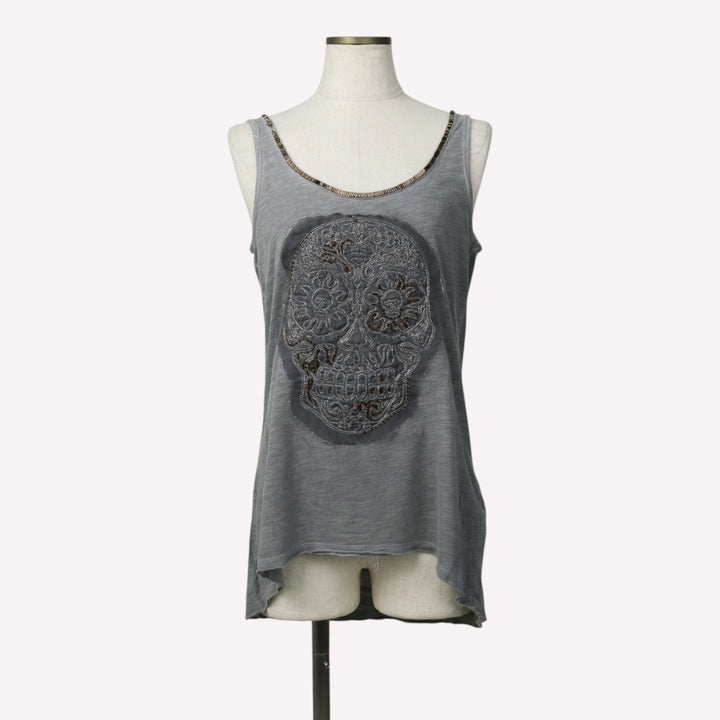 Harley-Davidson Skull Pattern Beaded Embroidery Motorcycle Tank Top (Women's Size S) cotton gray type Vintage Second Hand
