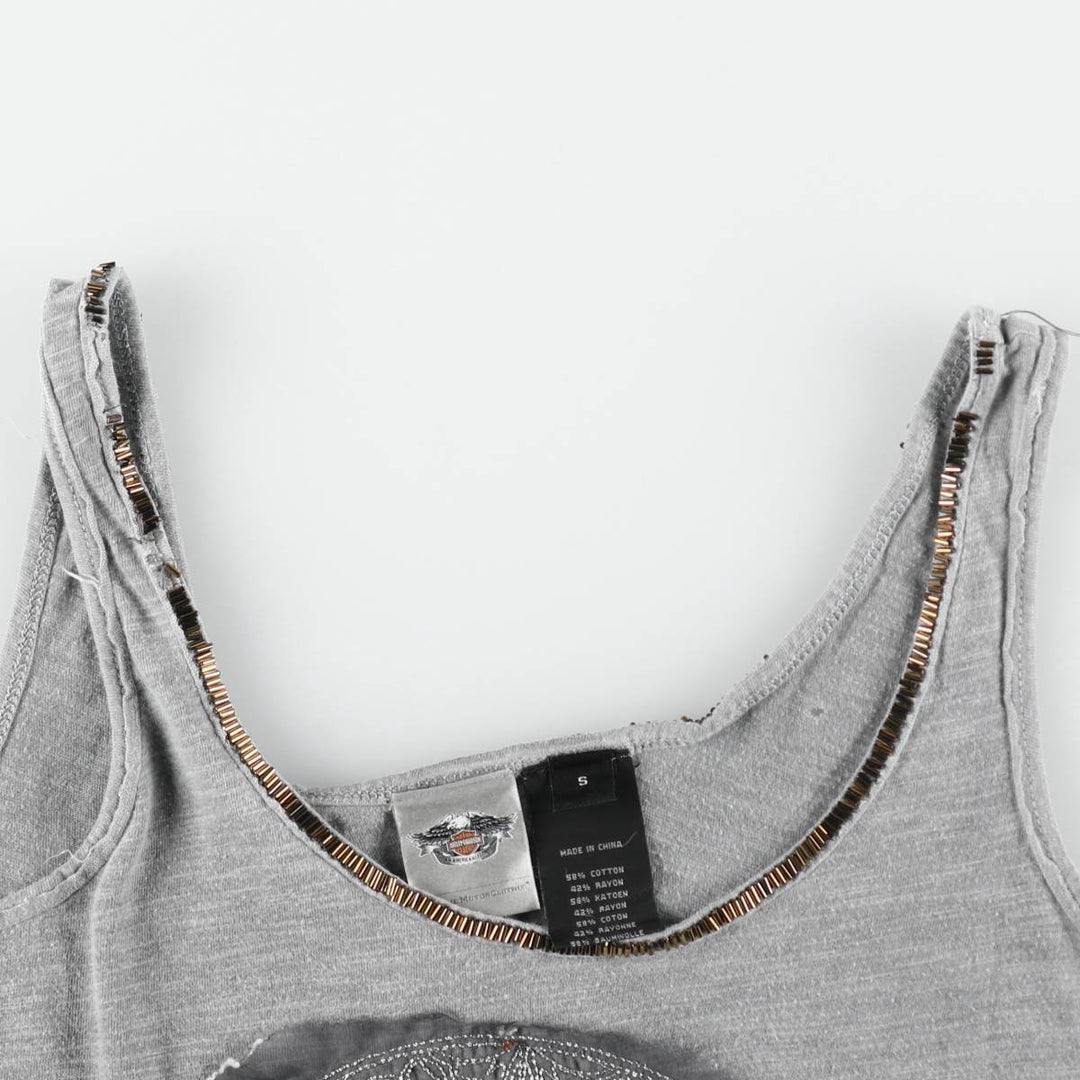 Harley-Davidson Skull Pattern Beaded Embroidery Motorcycle Tank Top (Women's Size S) cotton gray type Vintage Second Hand