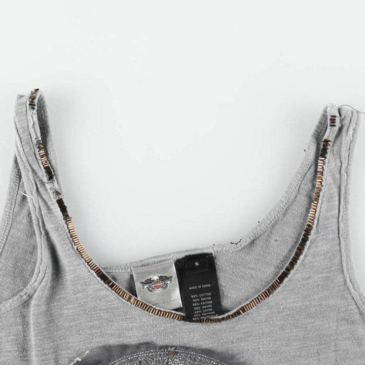 Harley-Davidson Skull Pattern Beaded Embroidery Motorcycle Tank Top (Women's Size S) cotton gray type Vintage Second Hand