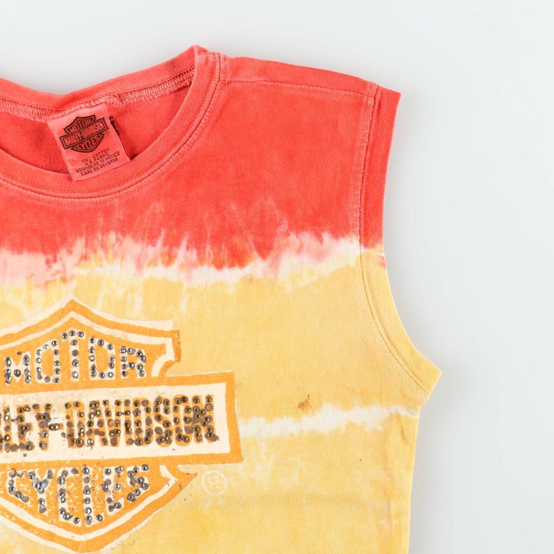 Harley-Davidson Tie-Dye Pattern Rhinestone Motorcycle Tank Top, Women's Size XL (approx.) cotton red type Vintage Second Hand