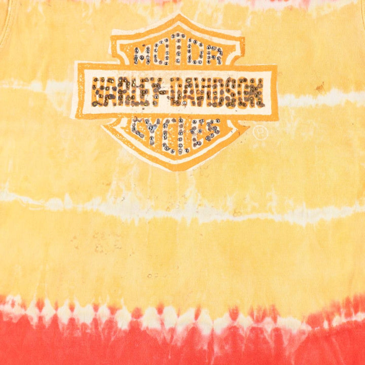Harley-Davidson Tie-Dye Pattern Rhinestone Motorcycle Tank Top, Women's Size XL (approx.) cotton red type Vintage Second Hand