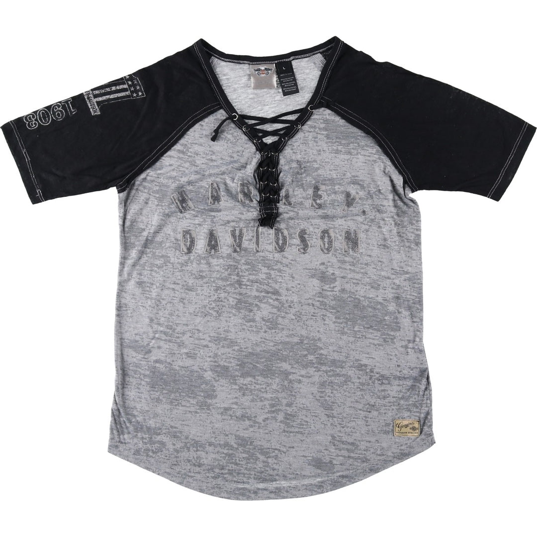 Harley-Davidson V-neck lace-up motorcycle bike t-shirt, women's size L (approx.) polyester black type Vintage Second Hand