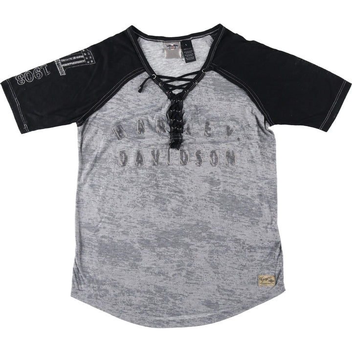 Harley-Davidson V-neck lace-up motorcycle bike t-shirt, women's size L (approx.) polyester black type Vintage Second Hand
