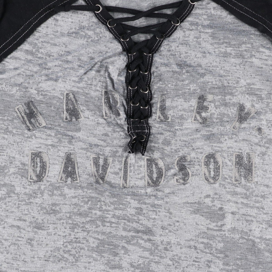 Harley-Davidson V-neck lace-up motorcycle bike t-shirt, women's size L (approx.) polyester black type Vintage Second Hand