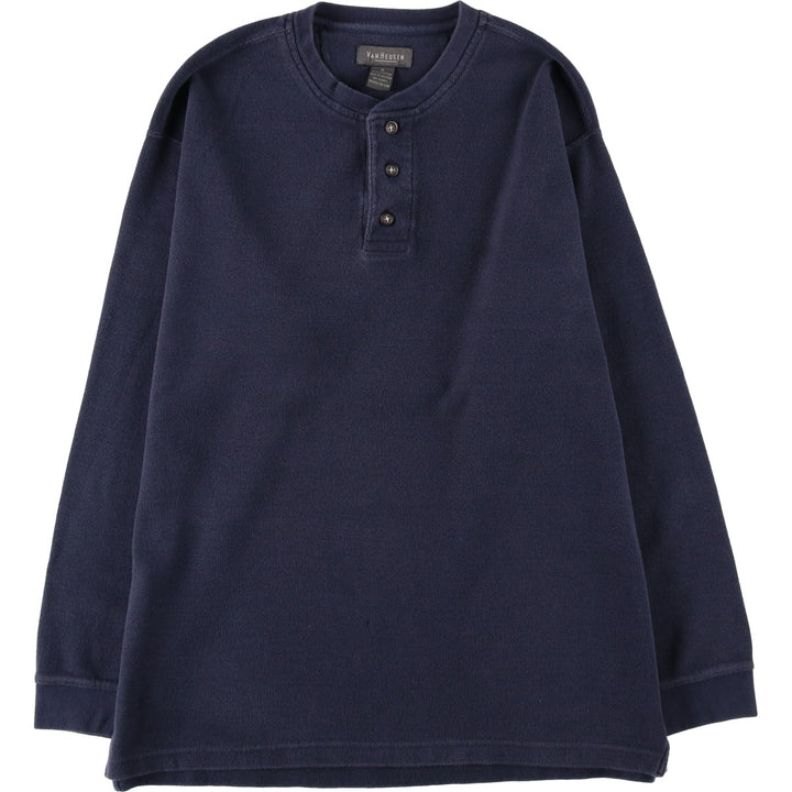 Van Heusen Henley Neck Thermal Long-Sleeve T-Shirt, Men's Size S (approx.) cotton navy blue type Vintage Second Hand