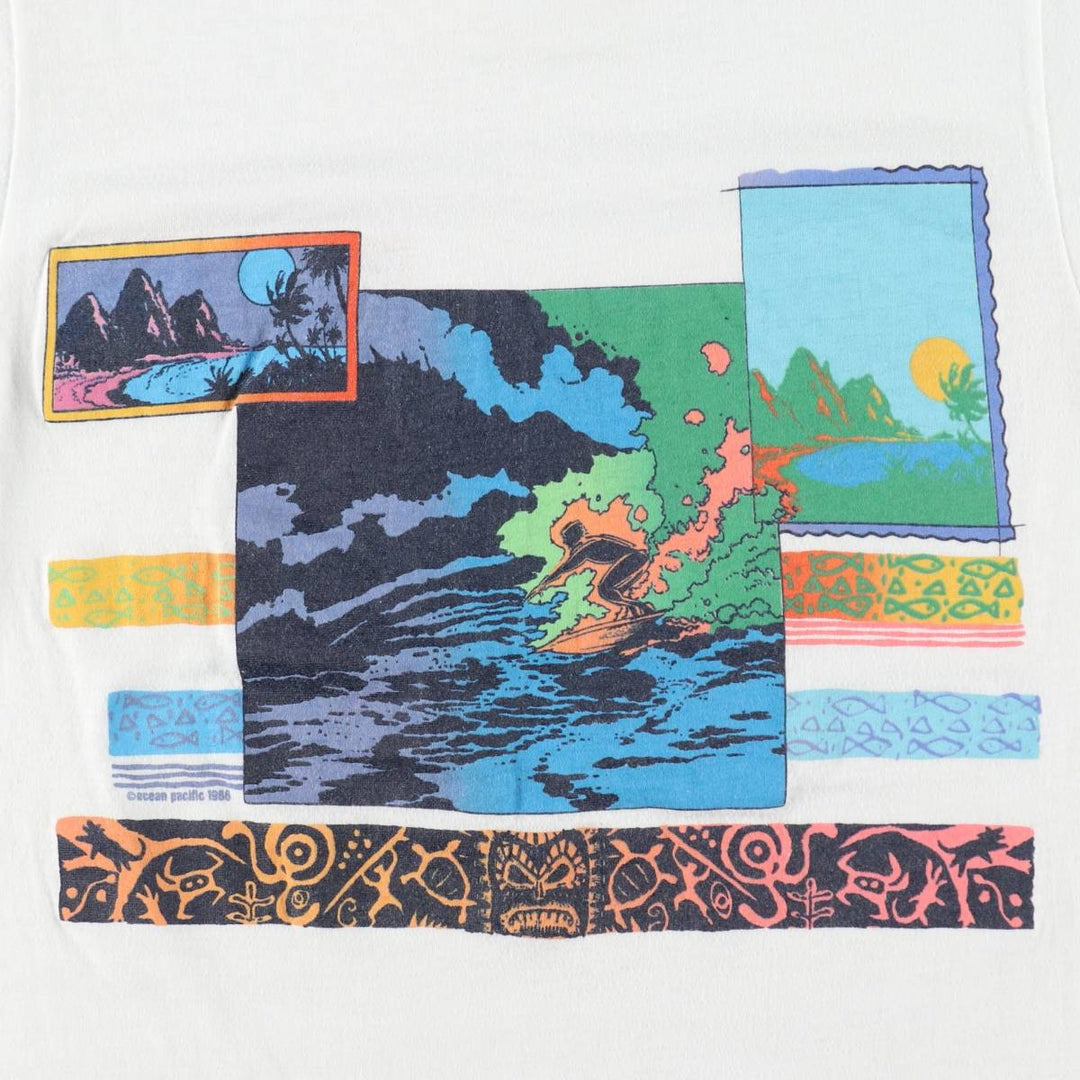 80'S Ocean Pacific Blue Tag Surf Skate T-Shirt, Made in USA, Women's XL Equivalent, Vintage cotton white type Vintage Second Hand