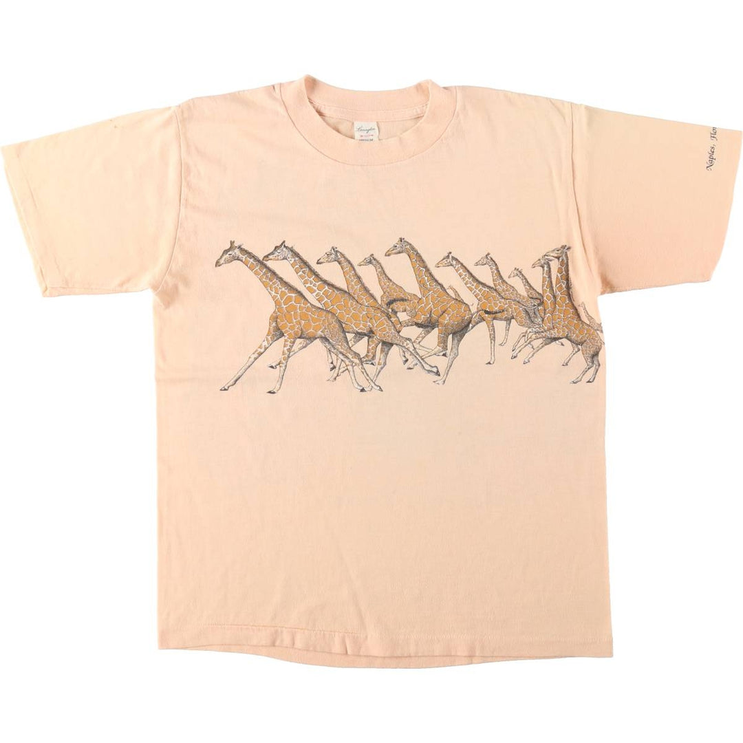 ~90'S Lexington Giraffe Pattern Animal T-Shirt, Made in USA, Women's Size M (approx.), Vintage polyester coral Vintage Second Hand