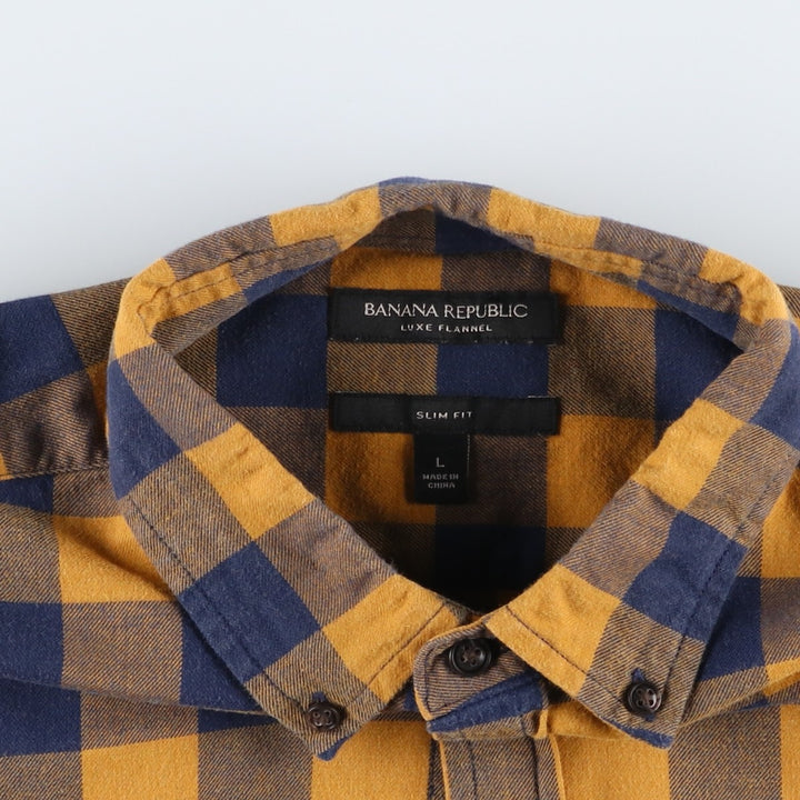 Banana Republic Slim Fit Buffalo Check Long-Sleeve Button-Down Check Shirt (Men's Size L) cotton ocher yellow type Vintage Second Hand