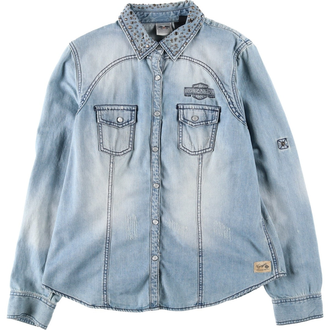 Harley-Davidson Long-Sleeve Denim Shirt, Women's Size XL (approx.) cotton blue type Vintage Second Hand