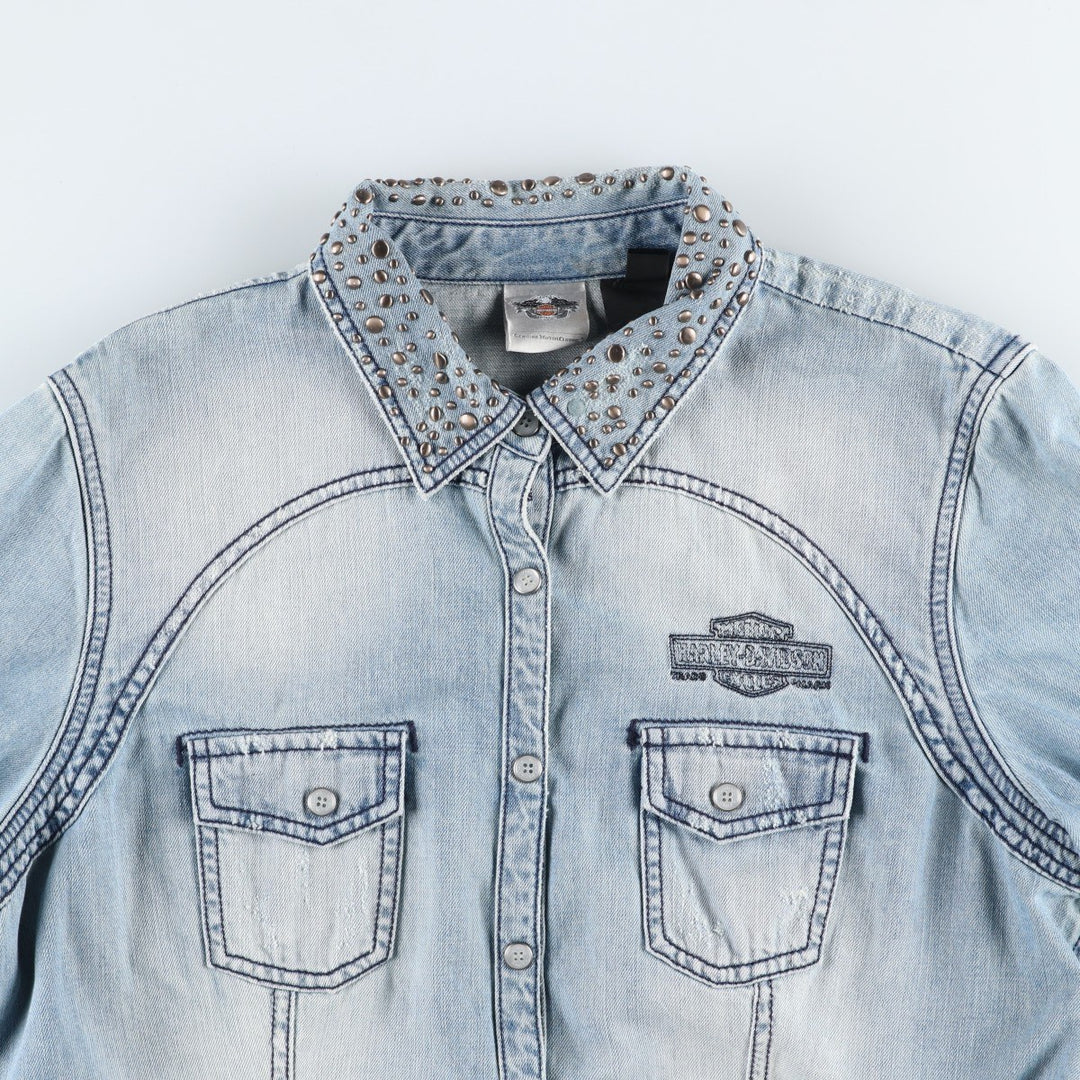 Harley-Davidson Long-Sleeve Denim Shirt, Women's Size XL (approx.) cotton blue type Vintage Second Hand