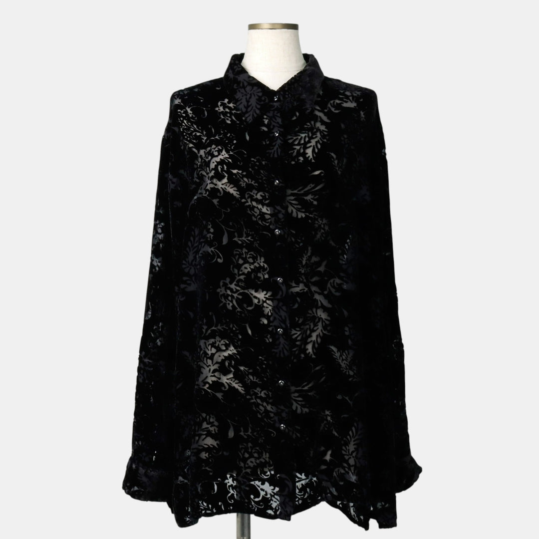 Ralph Lauren LAUREN all-over print long-sleeved velour shirt, boxy style, women's size XXL equivalent. Rayon black type Vintage Second Hand