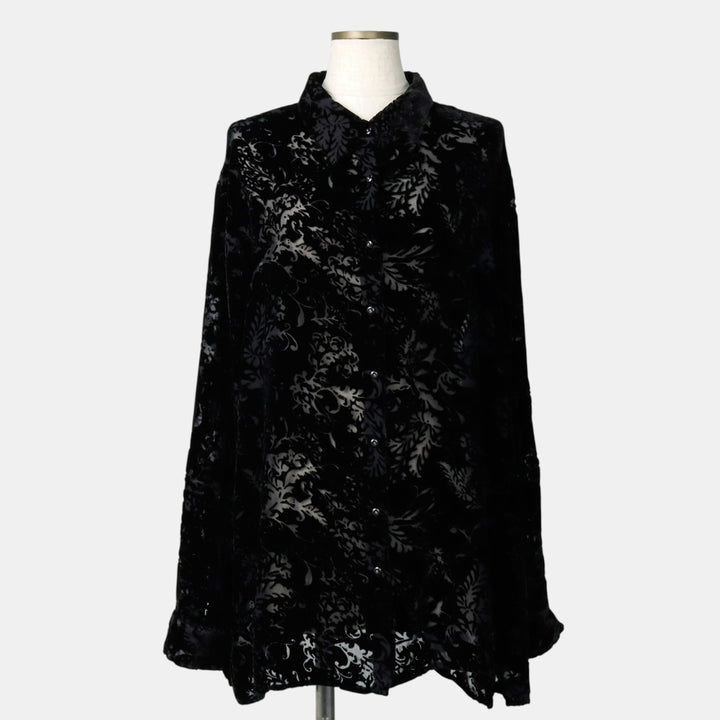 Ralph Lauren LAUREN all-over print long-sleeved velour shirt, boxy style, women's size XXL equivalent. Rayon black type Vintage Second Hand