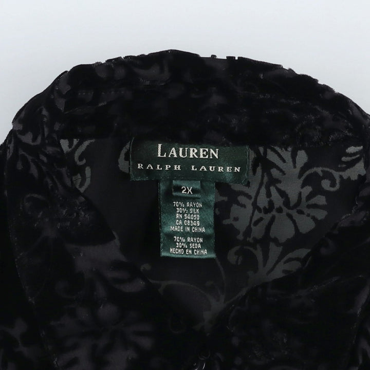 Ralph Lauren LAUREN all-over print long-sleeved velour shirt, boxy style, women's size XXL equivalent. Rayon black type Vintage Second Hand