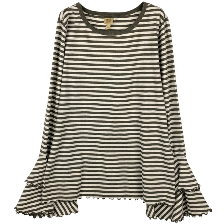 TRUE CRAFT Border Pattern Tiered Sleeve Long T-Shirt (Women's Size L) cotton Khaki type Vintage Second Hand