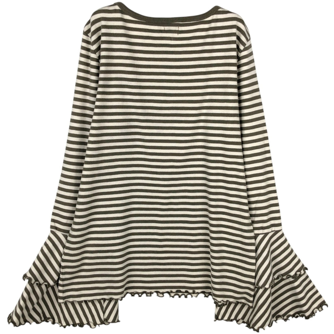 TRUE CRAFT Border Pattern Tiered Sleeve Long T-Shirt (Women's Size L) cotton Khaki type Vintage Second Hand